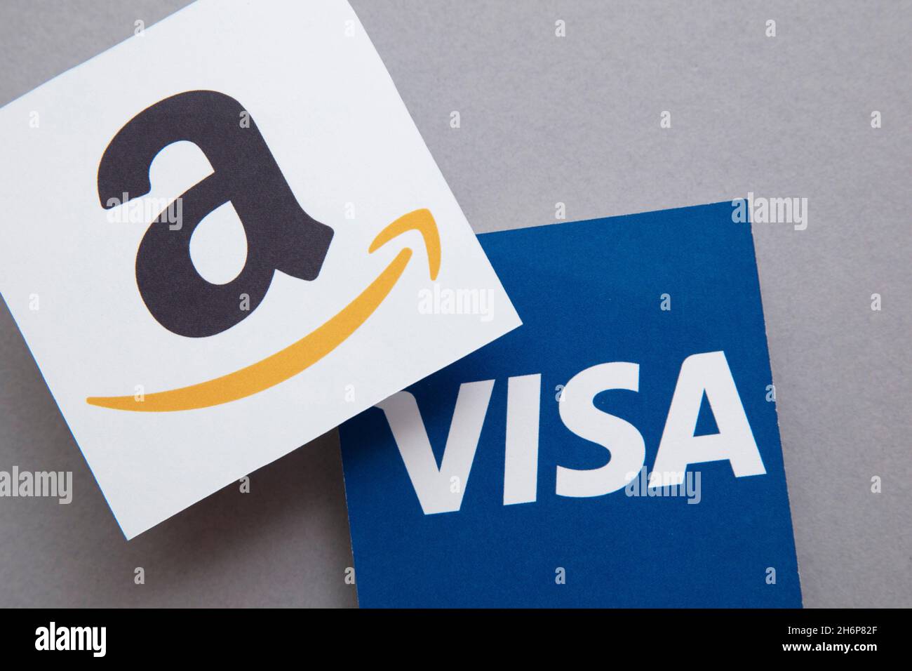 LONDON, UK November 2021 Amazon and Visa logos. Amazon plans to stop