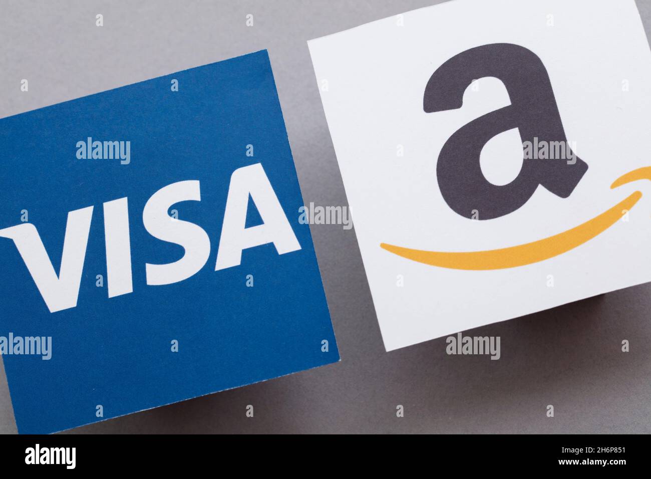 LONDON, UK November 2021 Amazon and Visa logos. Amazon plans to stop accepting Uk issued Visa