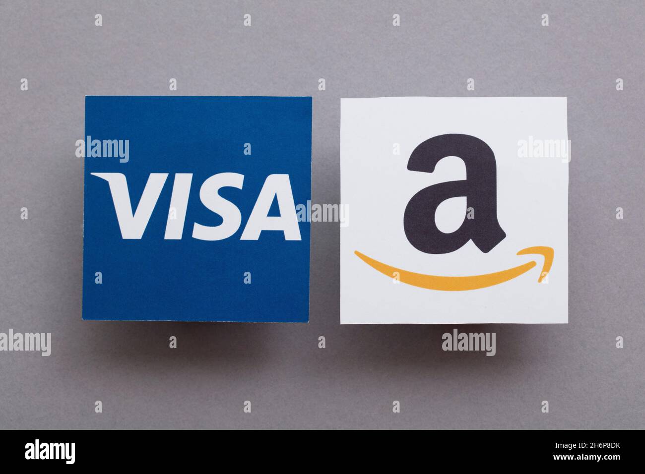 LONDON, UK November 2021 Amazon and Visa logos. Amazon plans to stop accepting Uk issued Visa