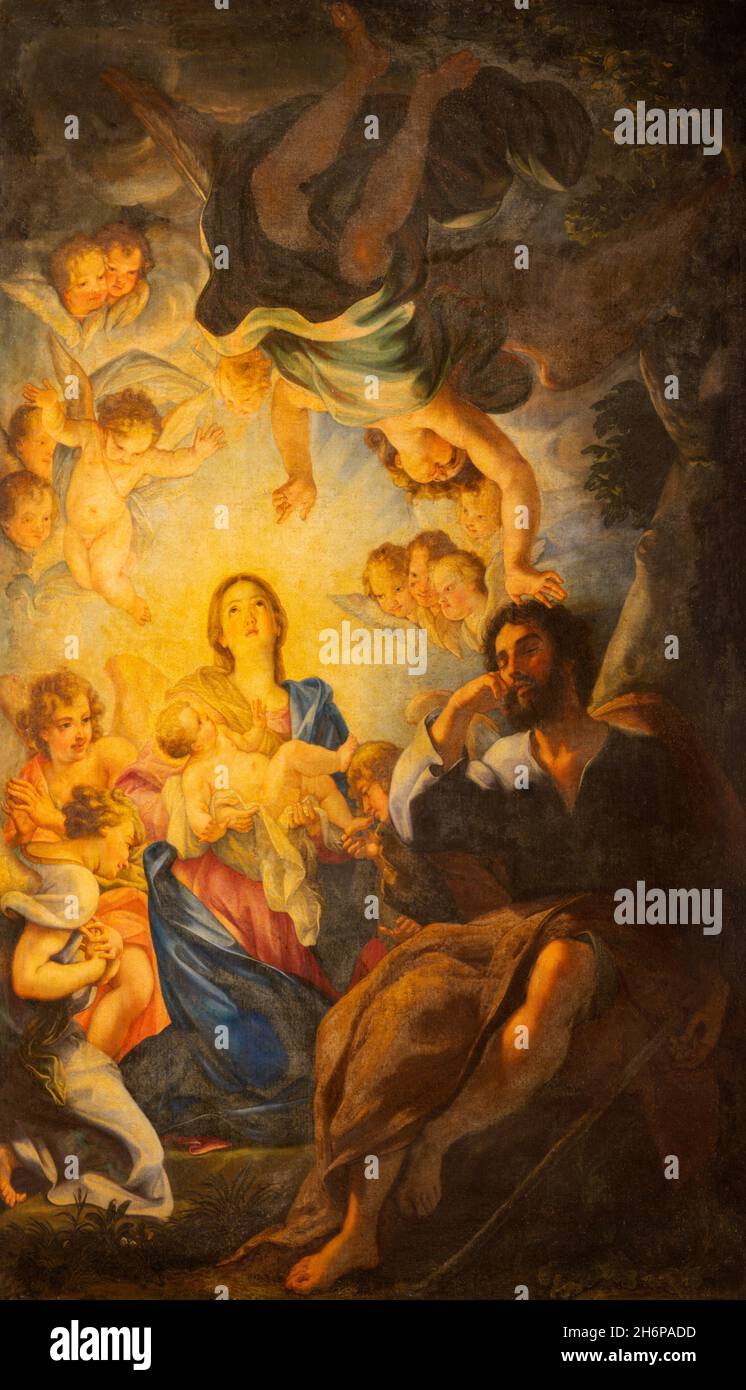 ROME, ITALY - AUGUST 29, 2021:  The painting of dream of St. Joseph and Holy Family in the church Chiesa di Santa Maria della Scala Stock Photo