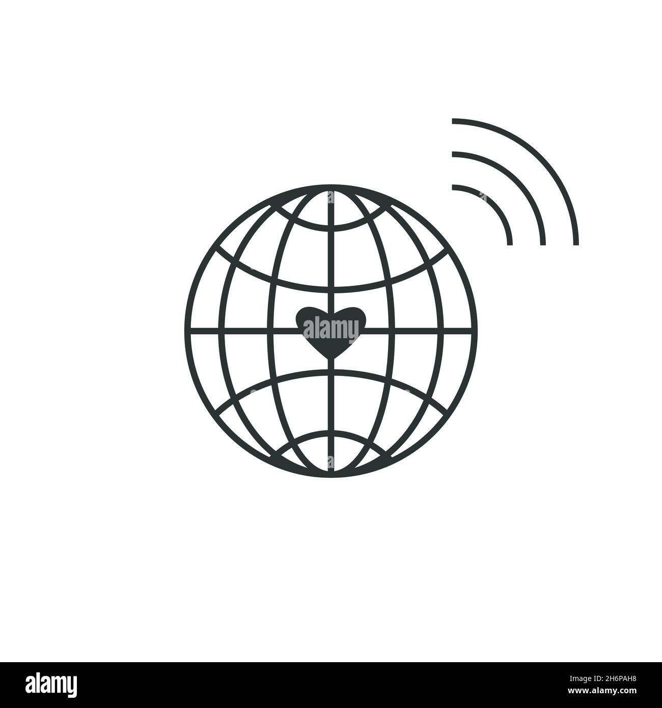Globe icon, heart vibes. Black grey color palette. White background. Vector Stock Vector