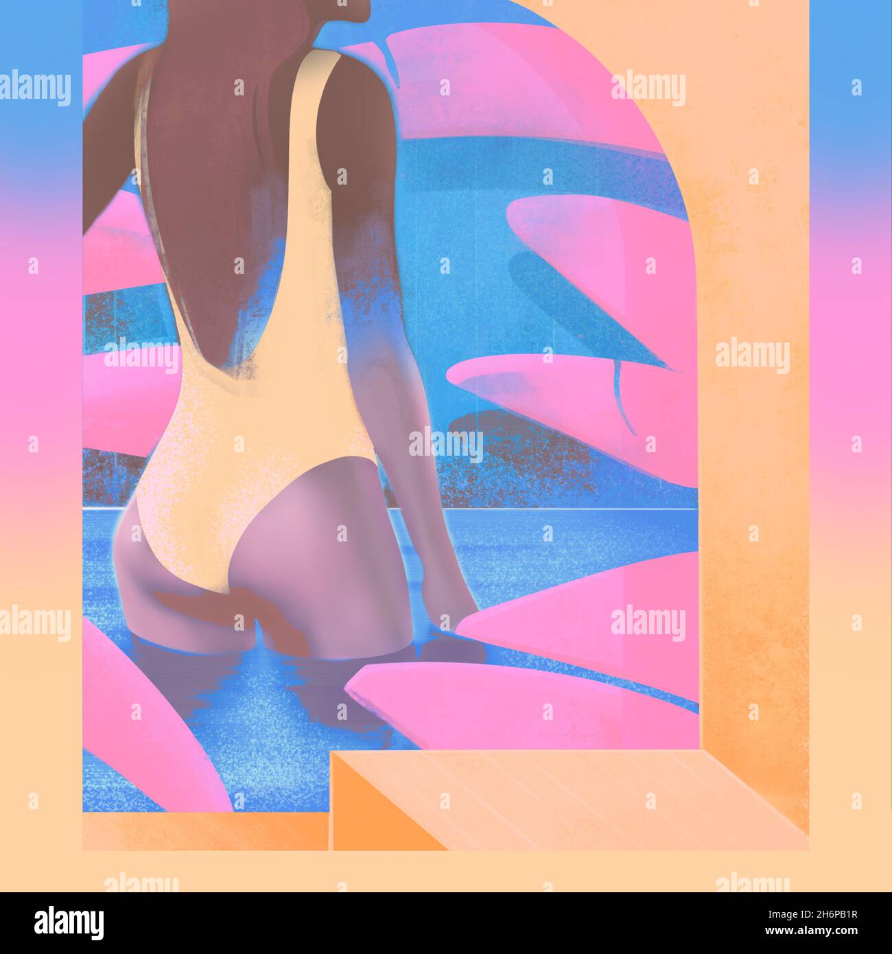 Girl in Bikini tropical illustration. Stock Photo