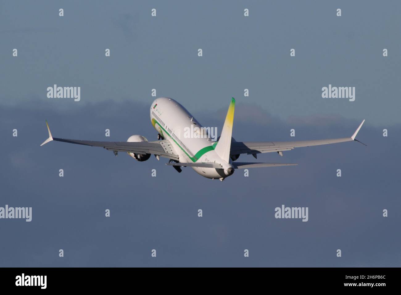 5T-CLJ, a Boeing 737 MAX 8 operated by Mauritania Airlines, departing from Prestwick International Airport in Ayrshire, Scotland, The aircraft was in Scotland to bring Mauritanian delegates to the COP26 climate change conference held in the nearby city of Glasgow. Stock Photo