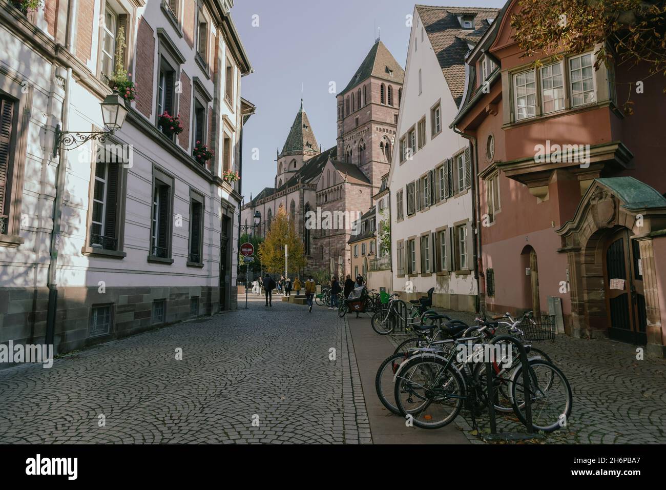 Strasbourg, France, Monnaie street with church St. Thomas in the old town La Petite France Stock Photo
