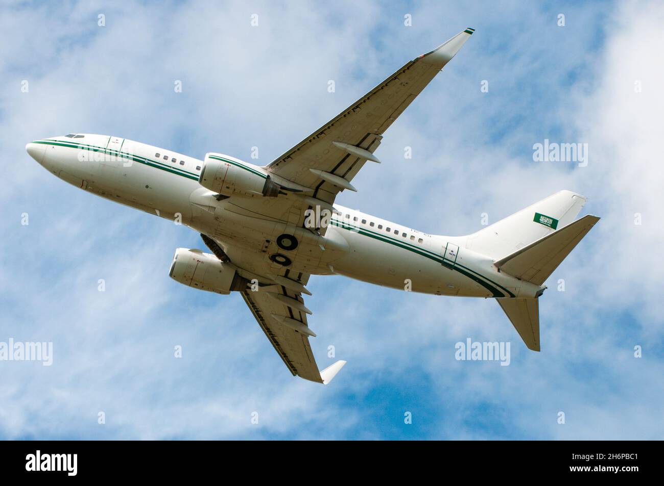 Royal Saudi Air Force Boeing 737 BBJ airliner jet plane HZ-101 taking off from Farnborough Airport, Hampshire, UK. Boeing Business Jet, VIP transport Stock Photo