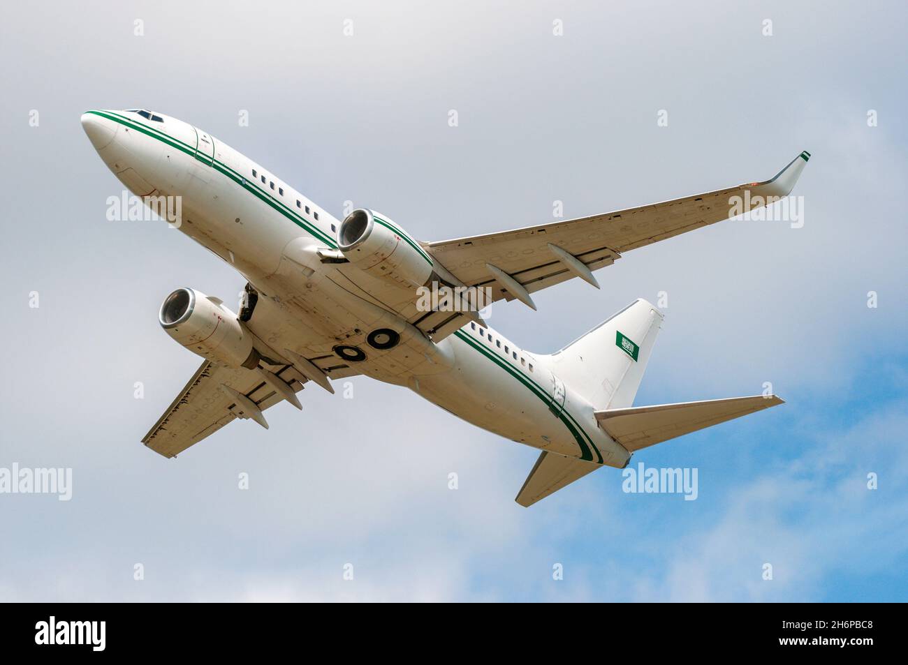 Royal Saudi Air Force Boeing 737 BBJ airliner jet plane HZ-101 taking off from Farnborough Airport, Hampshire, UK. Boeing Business Jet, VIP transport Stock Photo