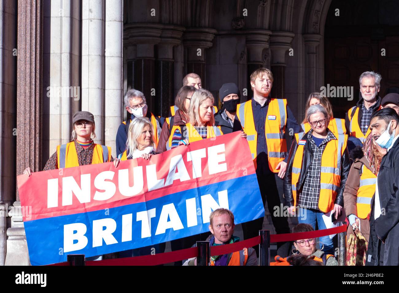 London, England, UK 17 November 2021 Climate Change activists from Insulate Britain leave the Royal Courts of Justice following the imprisonment of nine members of the group for allegedly breaking injunctions designed to restrict disruptive protest. Spokesperson for the group Tracey Mallaghan delivered a statement on behalf of the group. Stock Photo