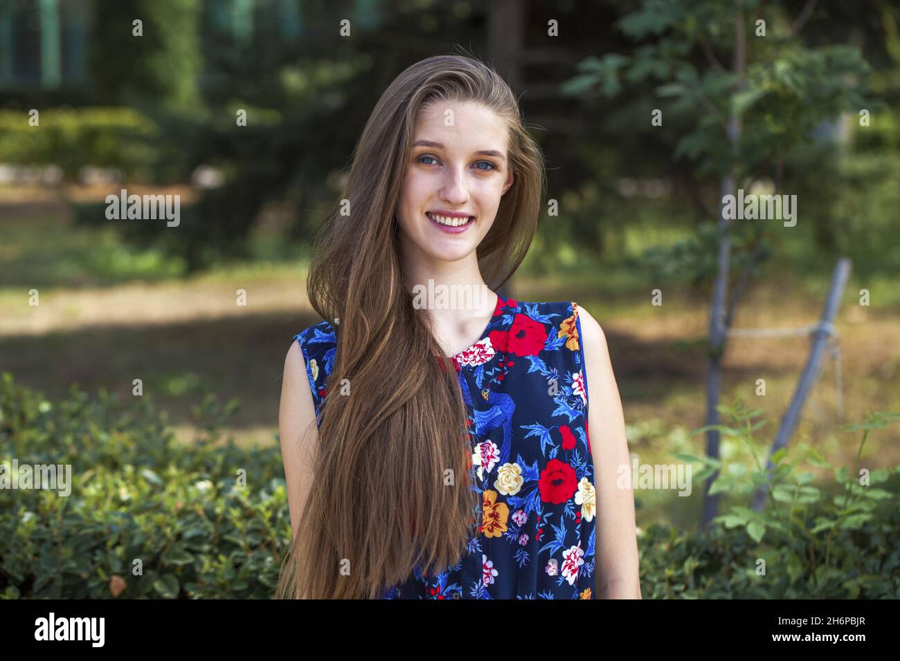 Portrait of a young beautiful brunette girl in blue dress posing in ...