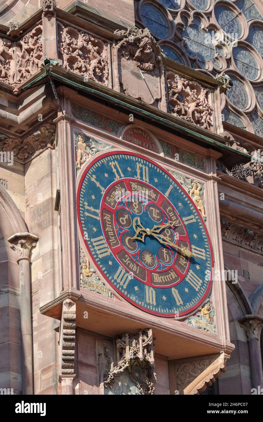 Astronomic clock on the outside of the Notre Dame Cathedral, Strasbourg, Alsace, France Stock Photo
