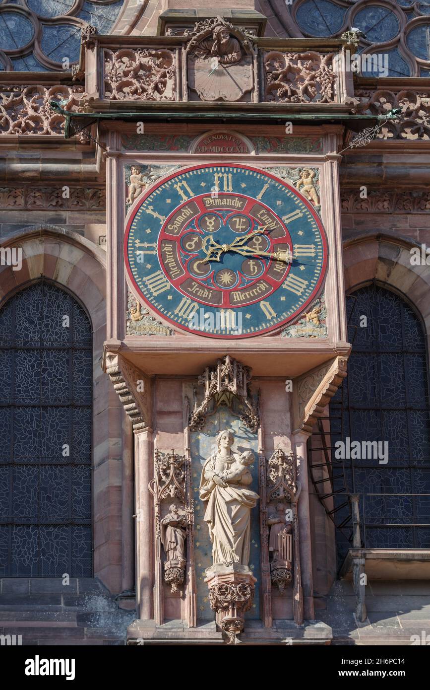 Astronomic clock on the outside of the Notre Dame Cathedral, Strasbourg, Alsace, France Stock Photo