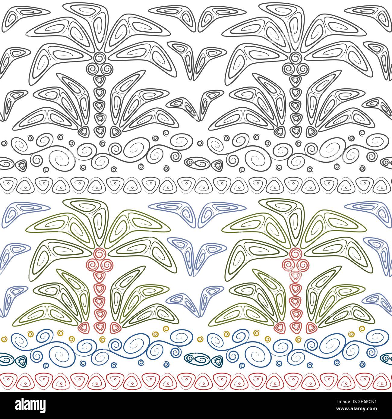 Set of abstract seamless patterns with palms and waves. Tropical vector ...