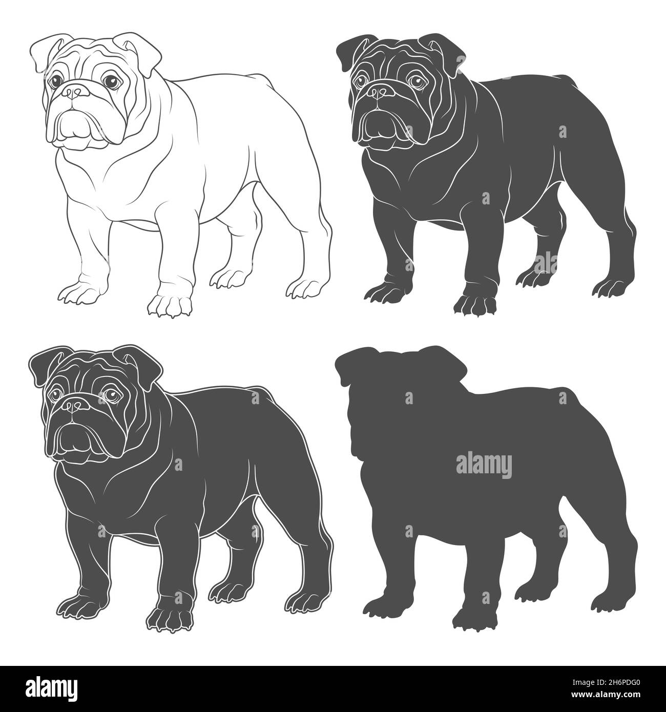 Set of black and white illustrations with english bulldog. Isolated vector objects on white background. Stock Vector