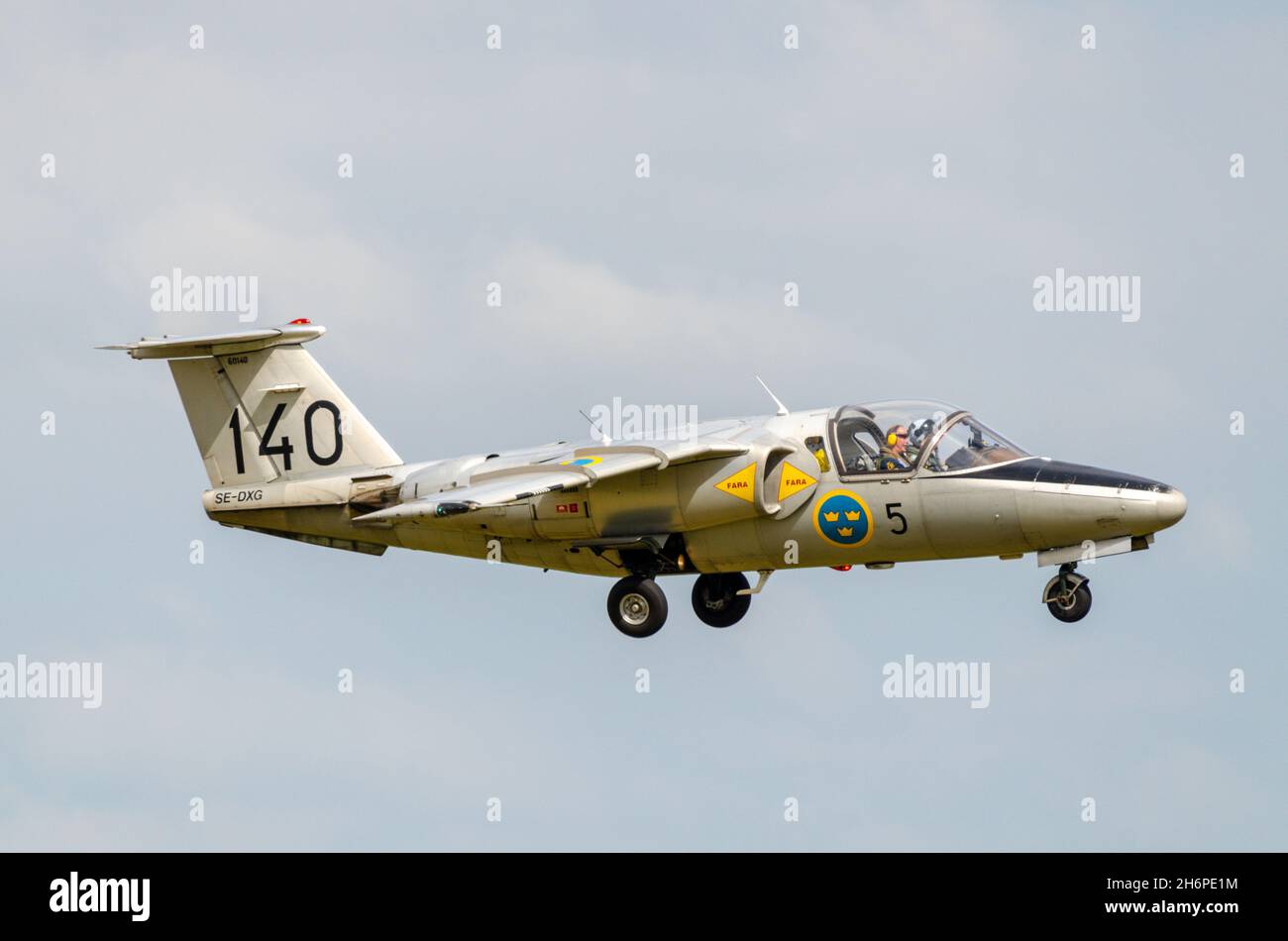 Swedish Air Force Historic Flight Saab Sk 60, Saab 105 jet plane landing at RAF Waddington, Lincolnshire, UK, for the airshow. Stock Photo