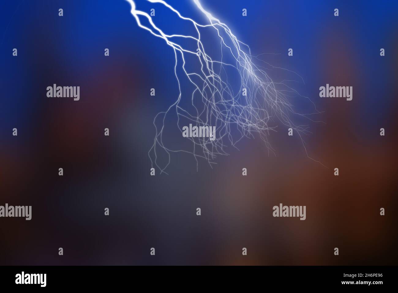 Big lightning and thunder on the sky. Dramatic nature force background Stock Photo