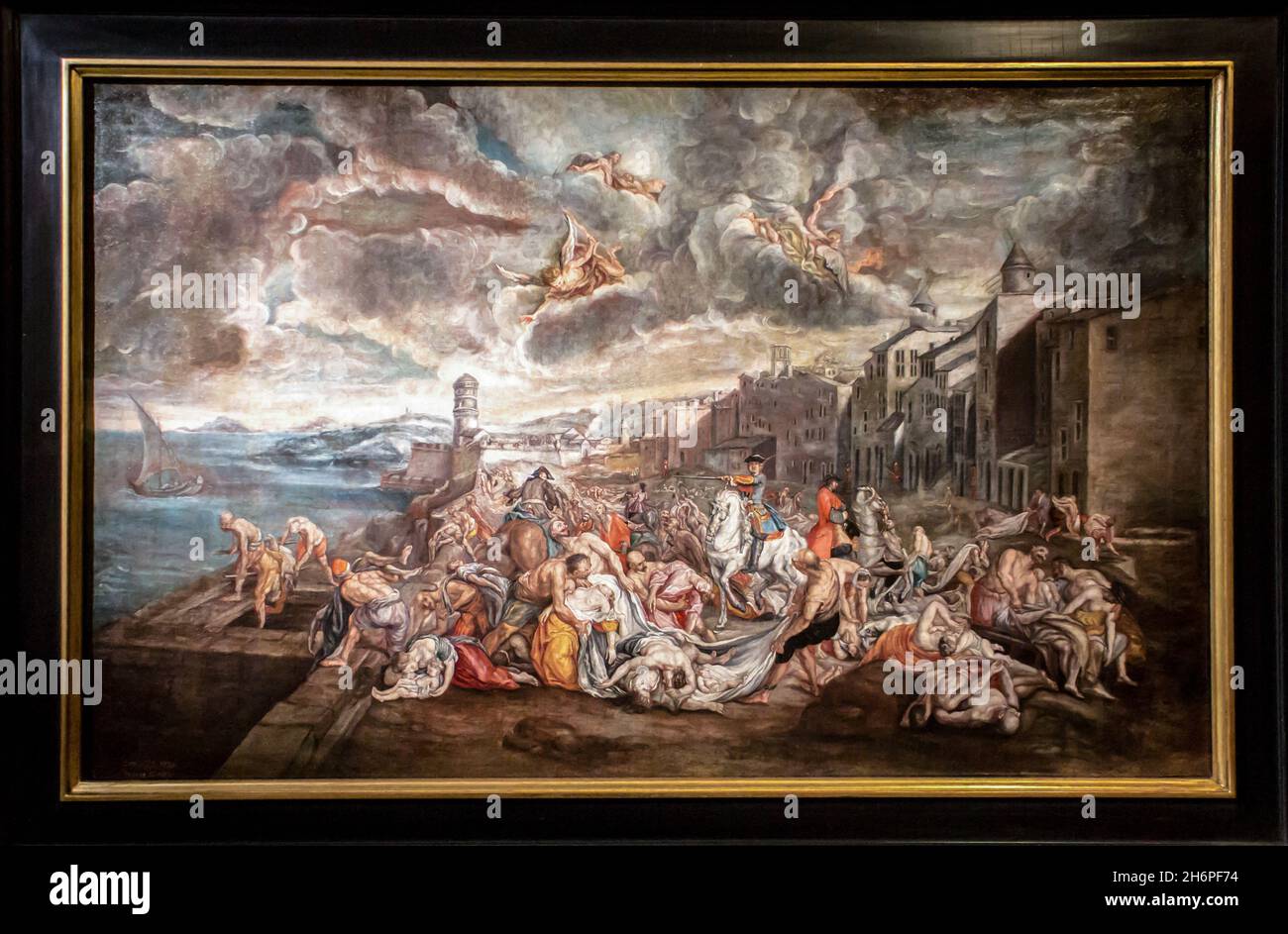 Musée d'Histoire de Marseille : Exposition Great Plague 1720 Anonymous painting 1755 showing Chevalier ROZE supervising assembly of corpses before mass burial on Esplanade de la Tourette Stock Photo