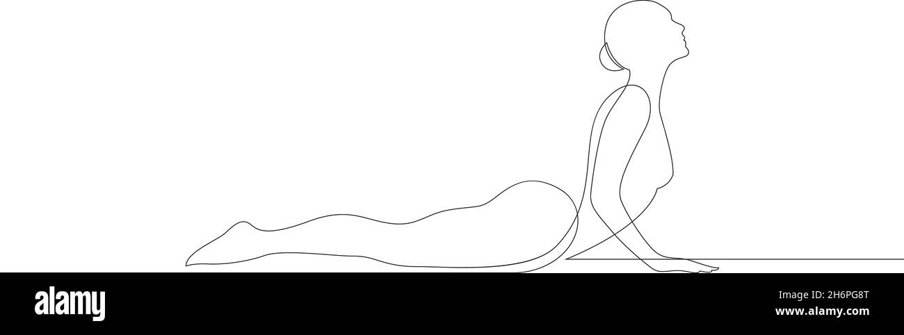 Woman doing exercise yoga Cobra Pose or Bhujangasana. Continuous line drawing. Vector illustration. Stock Vector