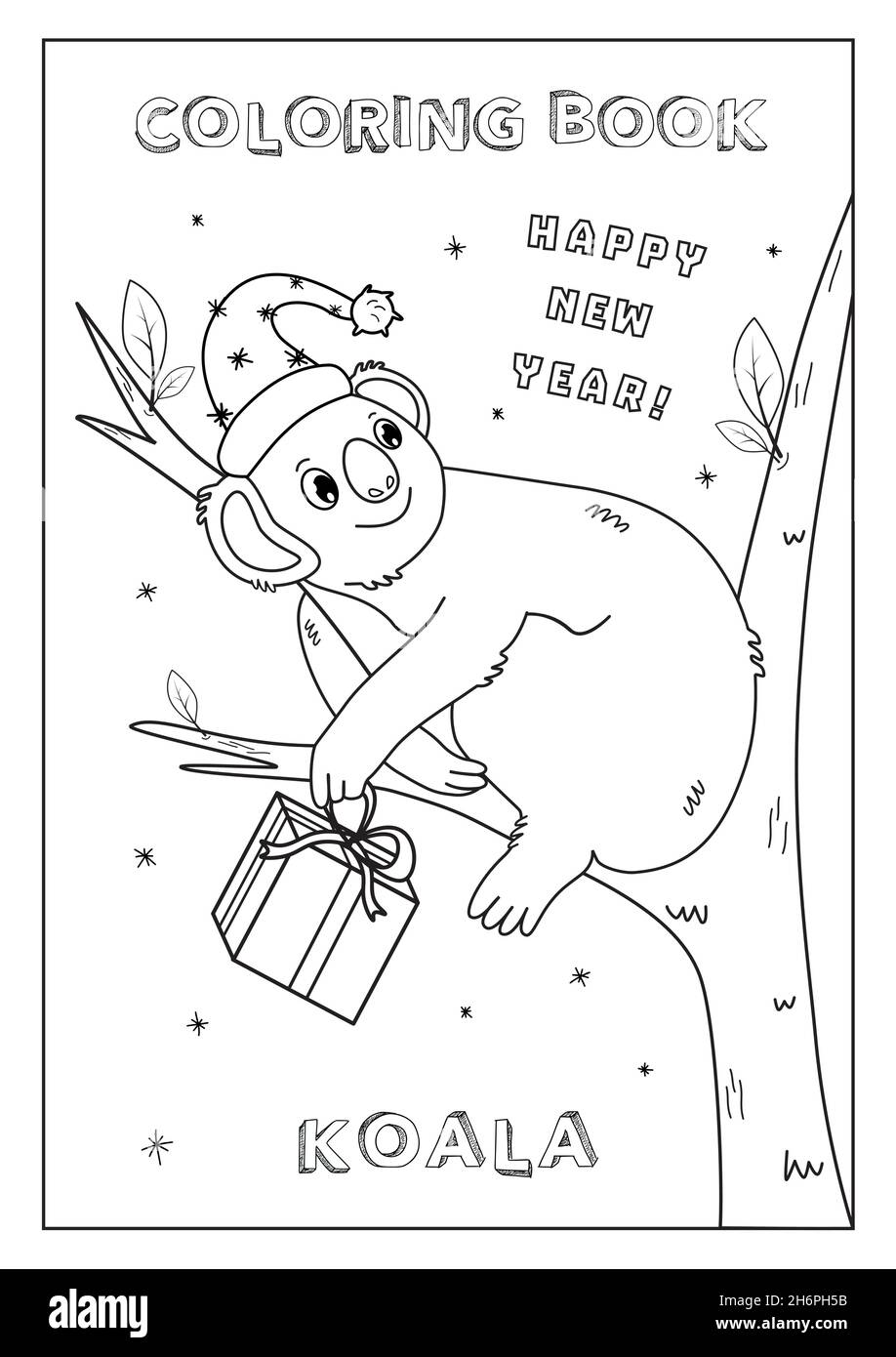 Coloring book Happy New Year! with Koala in hat with present in hand for kids. Black and white, made in vector. Ready to print, format A4. Stock Vector