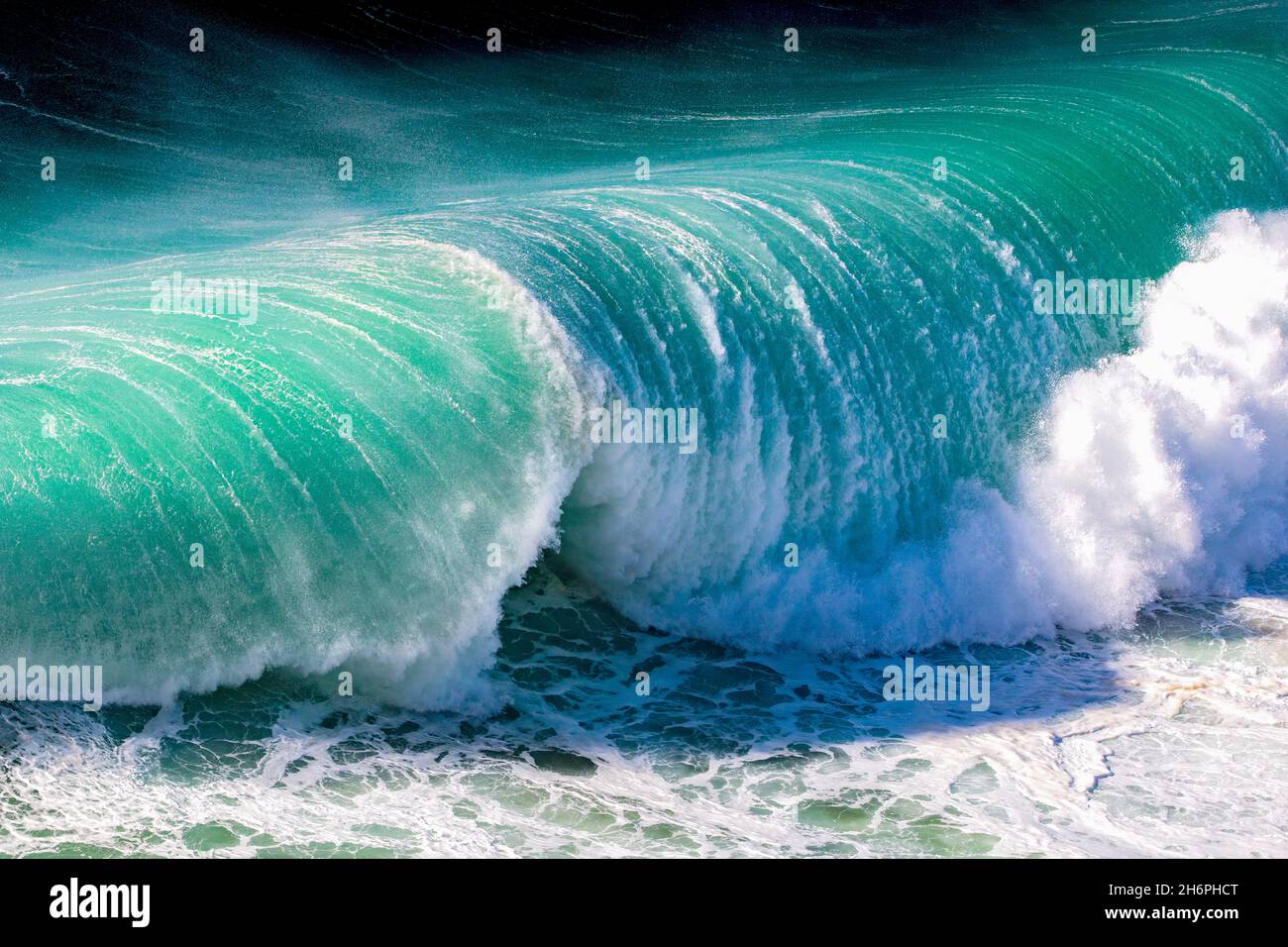 gewaltige Welle am Strand von Nazaré in Portugal. Die Farbe der Welle ist grün mit Schaumkrone Stock Photo