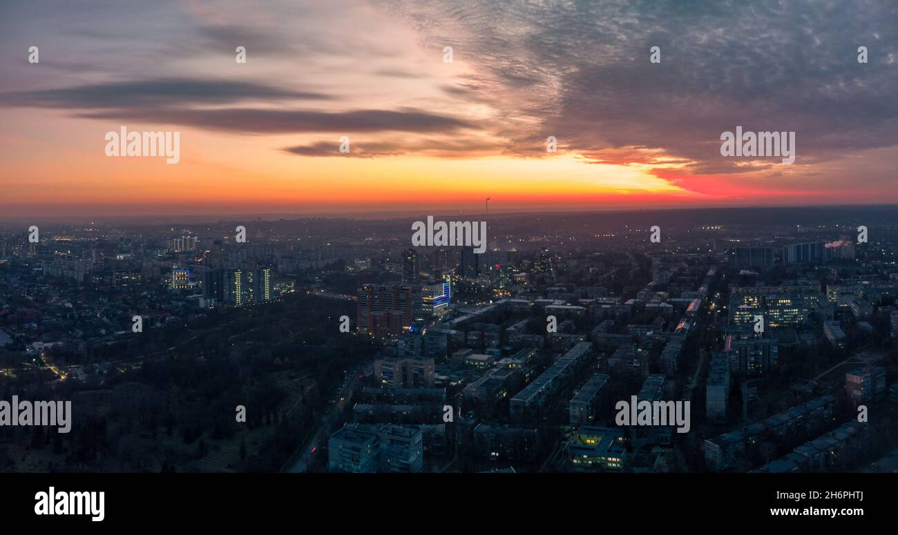 Aerial scenic vivid sunset view with dramatic skyscape panorama ...