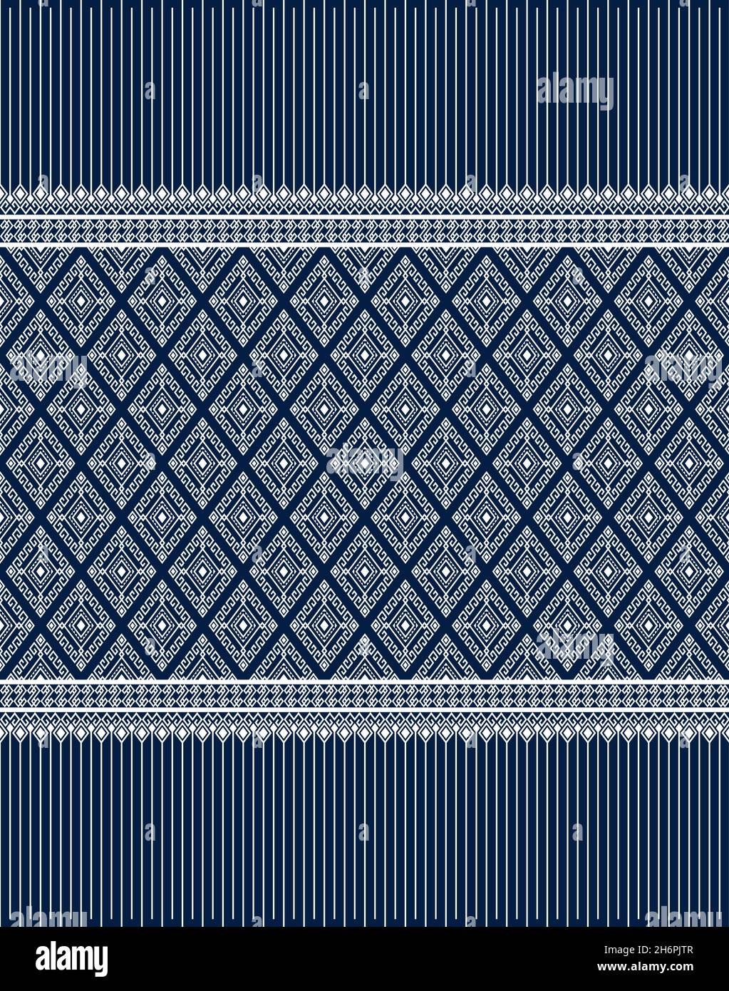 White Native or Ethnic Seamless Pattern on Blue Background in Symmetry ...
