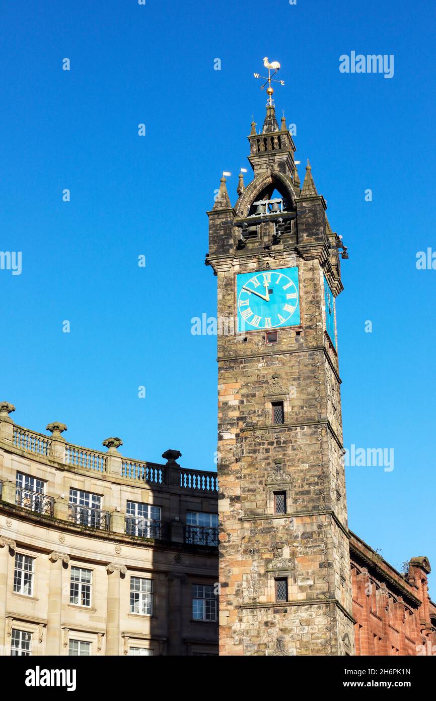Tollbooth steeple and clock tower, part of the 17th century historical prison near the Mercat Cross at the south end of High Street, Glasgow, Scotland Stock Photo