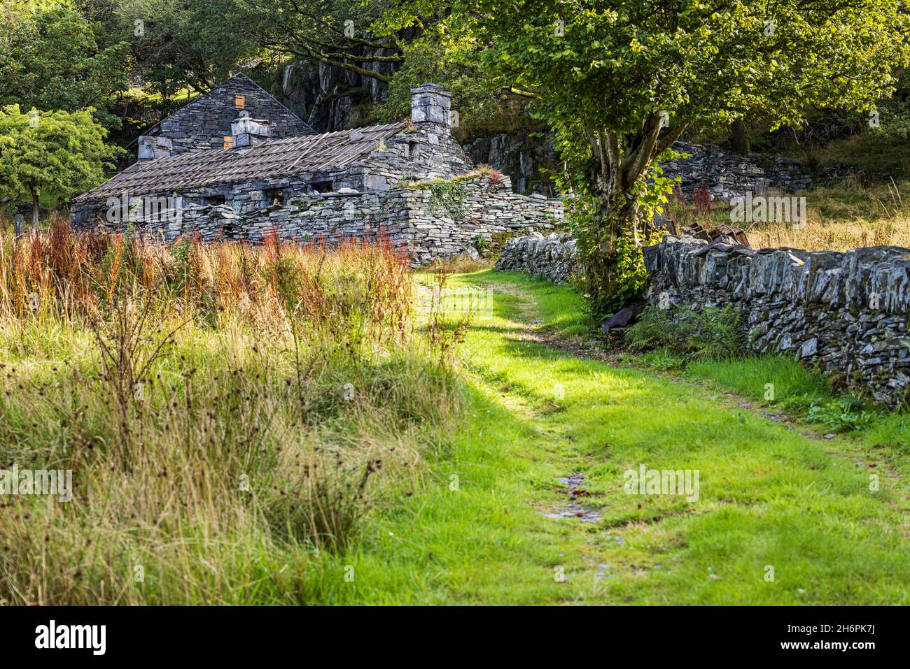 Old slate built cottage abandoned near Llanberis, Snowdonia, Wales, UK, Stock Photo