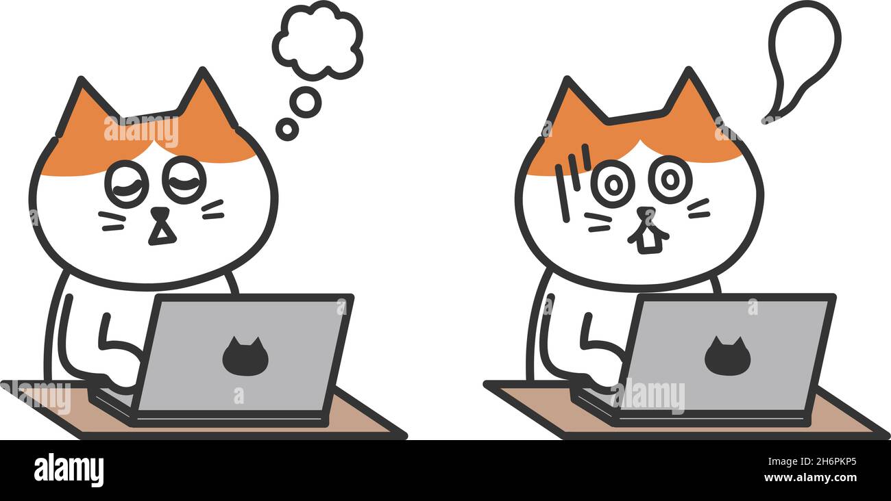Overworked exhausted red tabby and white cat using computer working from home. Vector illustration isolated on white background. Stock Vector