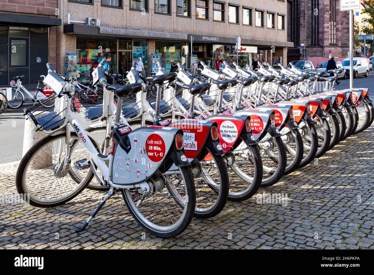 Nuremberg, Germany, 2021: Whites rental VAG-Rad bikes of a public transporting company are standing in a row in the down town of Nuremberg Stock Photo