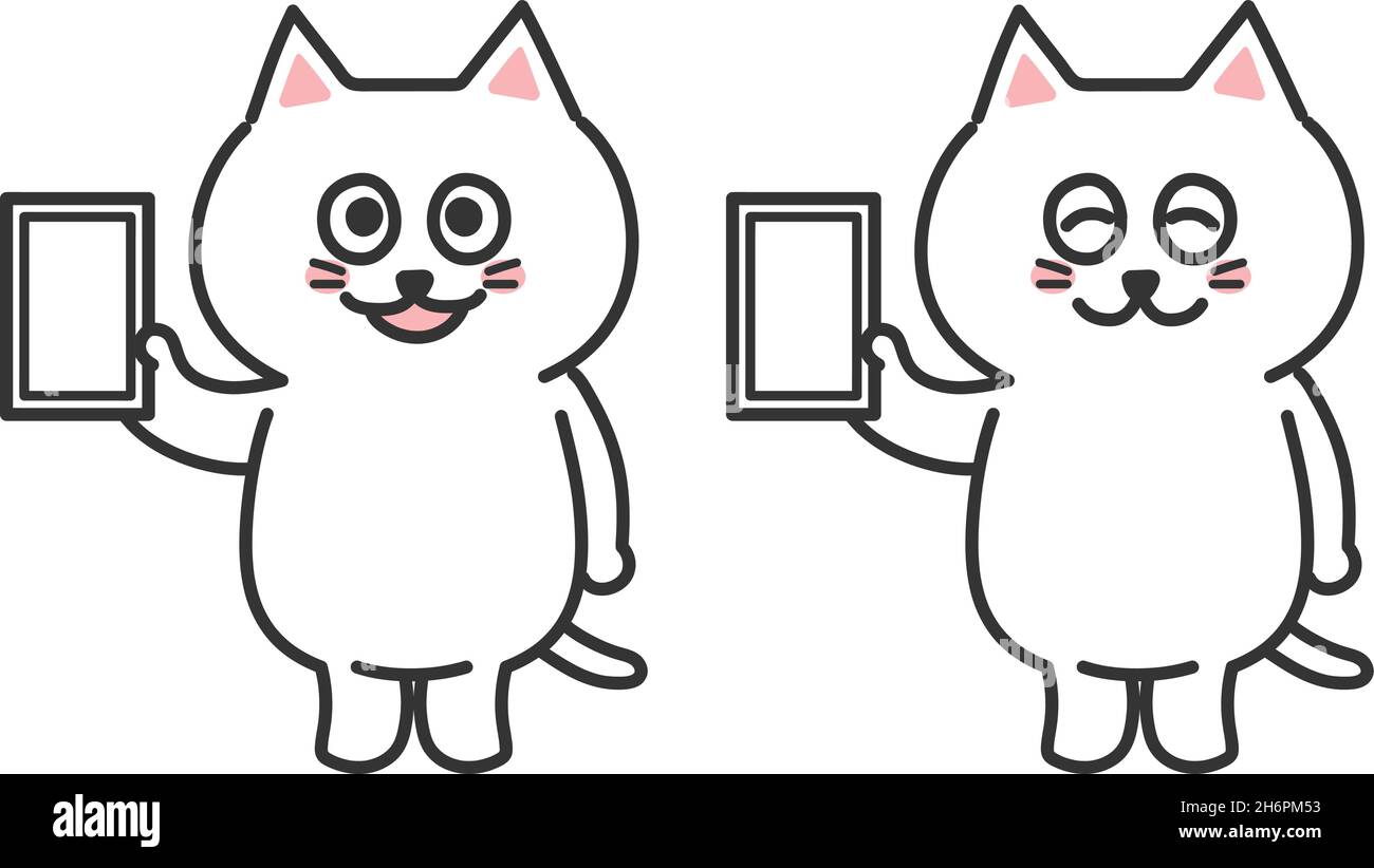 Set of smiling white cat holding a smartphone. Vector illustration