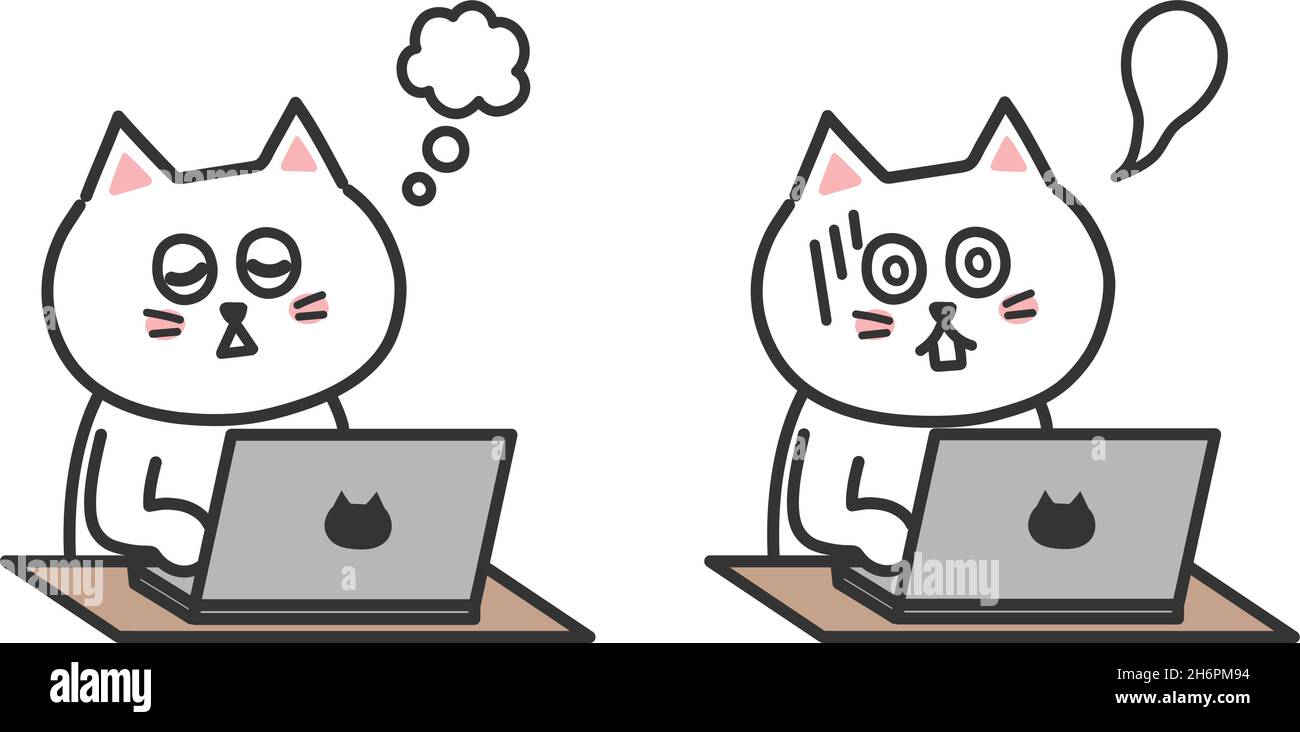 Overworked exhausted white cat using computer working from home. Vector illustration isolated on white background. Stock Vector