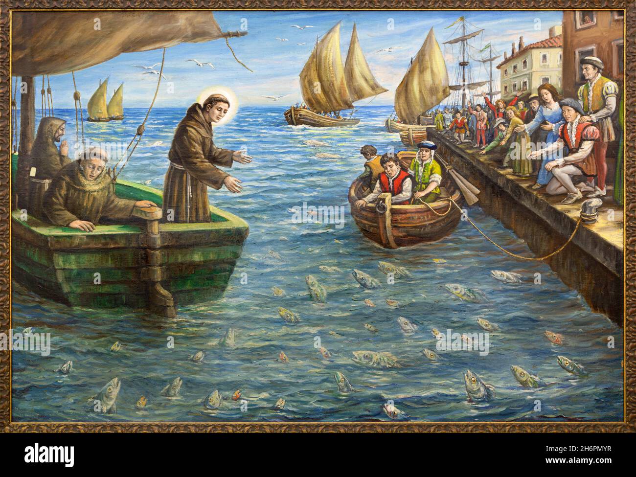 ROME, ITALY - SEPTEMBER 2, 2021: The painting of St Anthony Preaching to the Fish in the church Basilica di Sant'n Antonio al Laterano Stock Photo