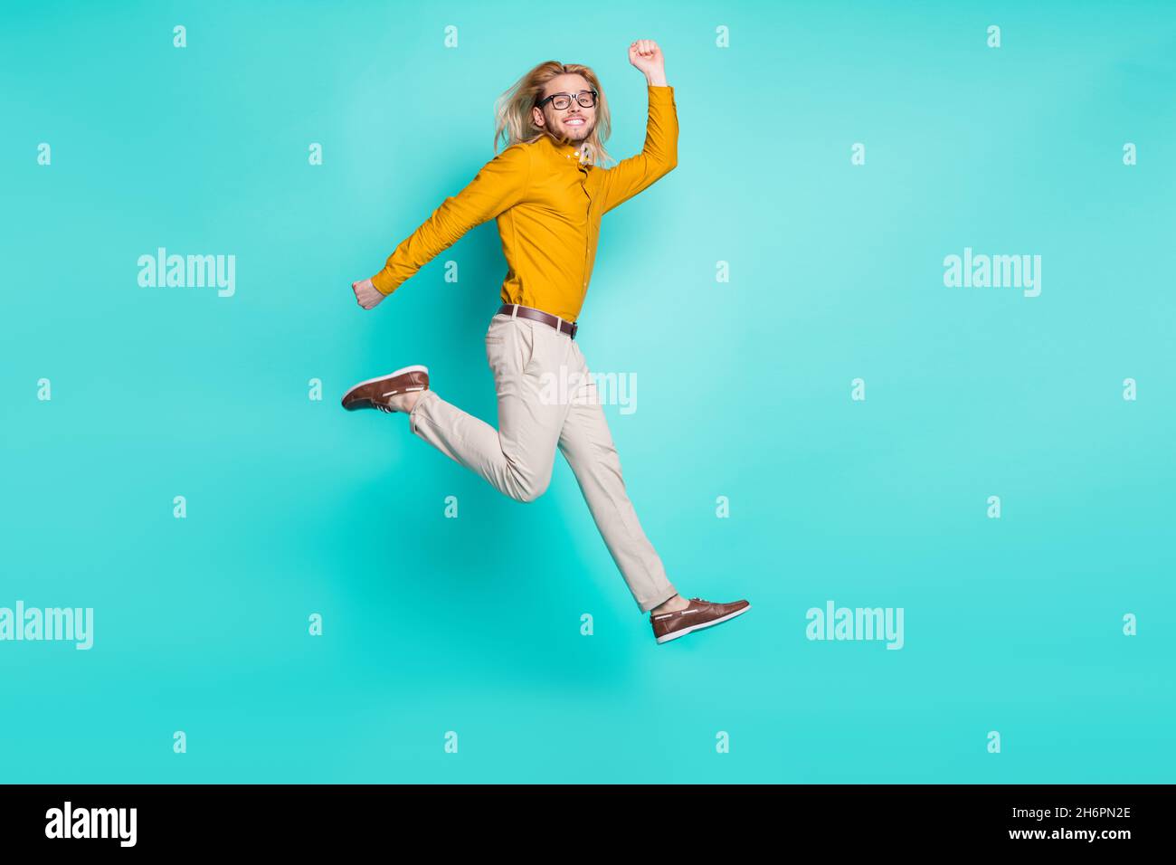 Full body profile side photo of young guy happy positive smile have fun ...