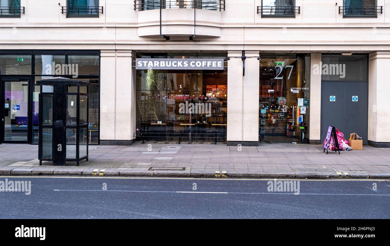 Victoria Westminster London England UK, November 7 2021, Starbucks Coffee Shop Entrance Victoria Street London With No People Stock Photo