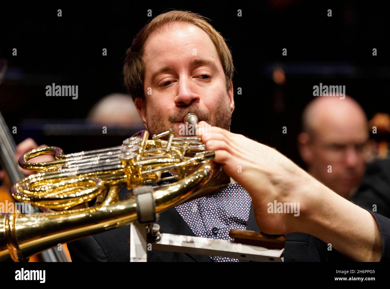 Professional horn player Felix the BSO???s newly-appointed Artist-in-Residence, rehearses Mozart???s Horn Concerto No.4 with Bournemouth Symphony Orchestra and conductor Kirill Karabits ahead of concerts in Poole and Exeter. The 30-year-old