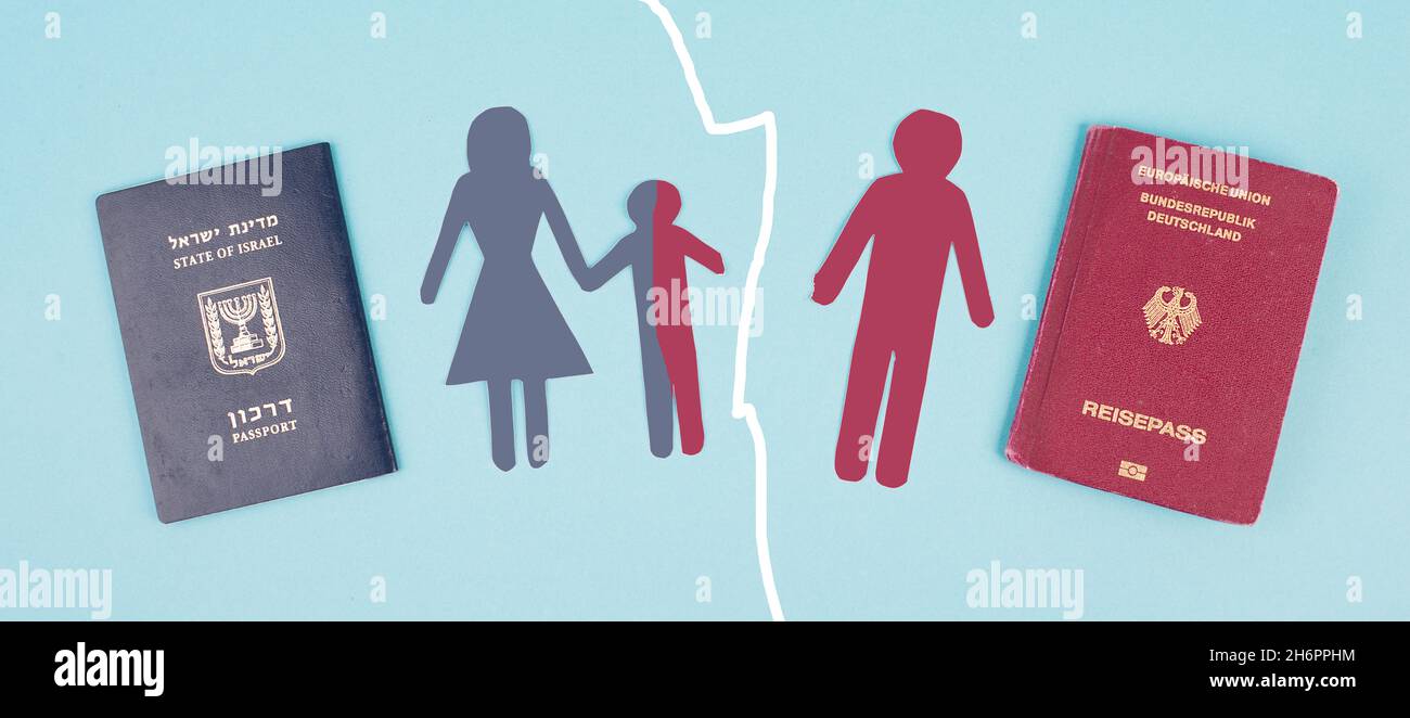 Divorced parents of different nations, child with mother, father alone, single mum, international custody fight, paper cut out, blue background Stock Photo