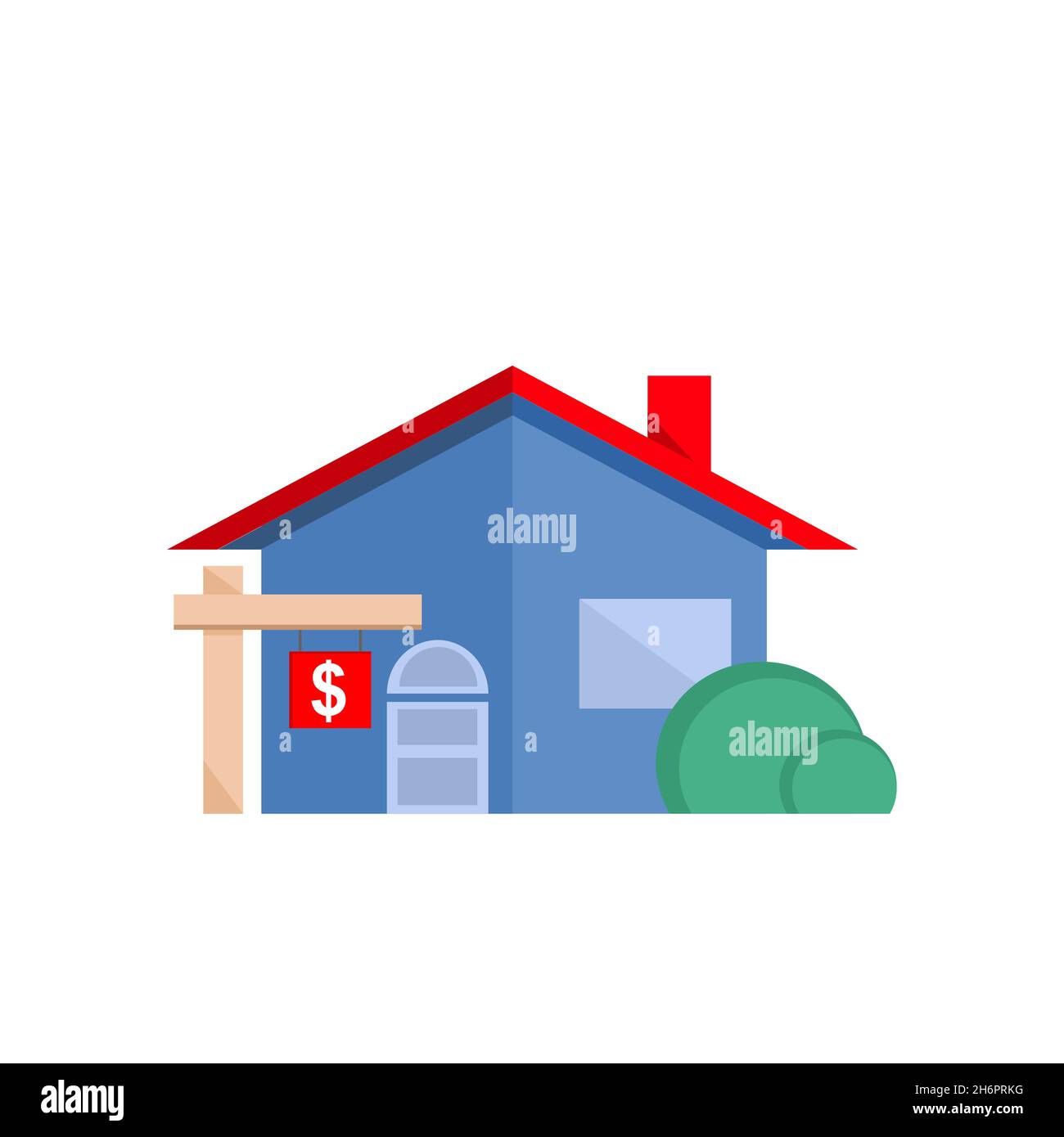 Vector of a classic single story cottage house icon in light blue colours, with bushes and for sale sign. Use it for your real-estate agency site. Stock Vector