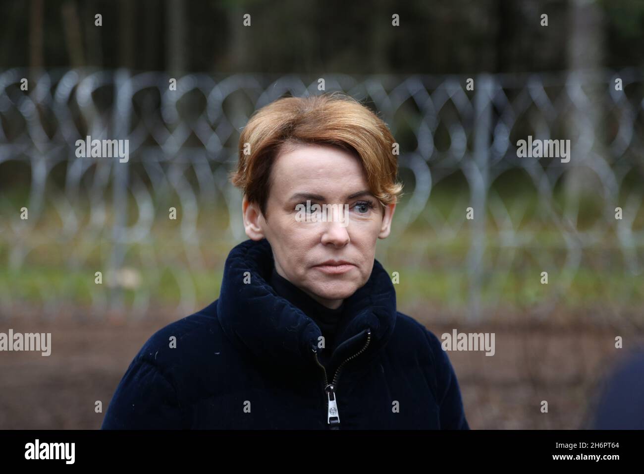 17 November 2021, Latvia, Kaplava: Latvia's Interior Minister Marija Golubeva stands at Kaplava near Kraslava on the border with Belarus. The situation on the EU's eastern external border between Latvia and Belarus is stable and under control, according to the government in Riga. No major incidents have been registered so far, Golubeva said. Photo: Alexander Welscher/dpa Stock Photo