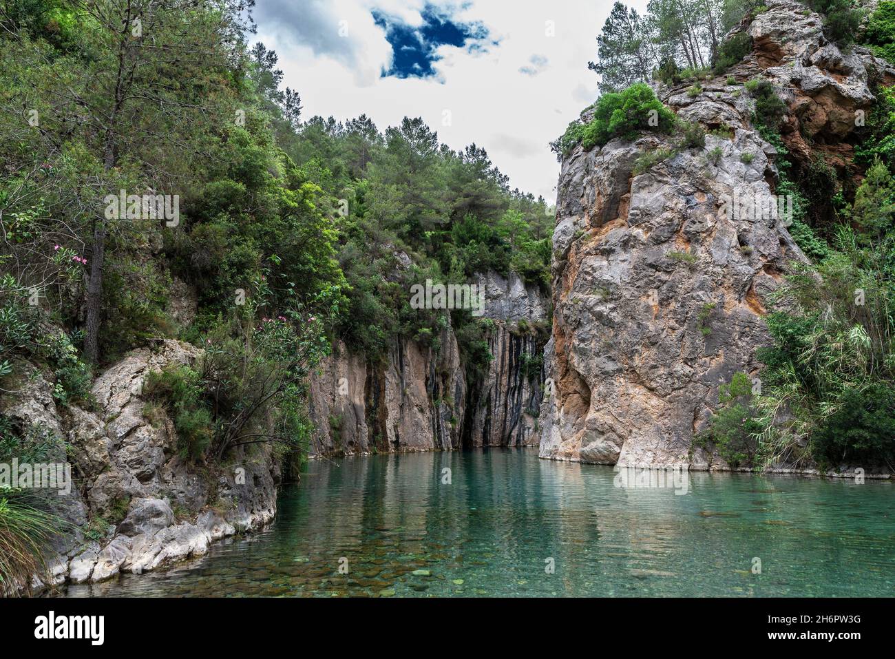 Fuente de los Baños, fountain of thermal waters in Mijares river in Montanejos, Castellon, Land of Valencia, Spain Stock Photo