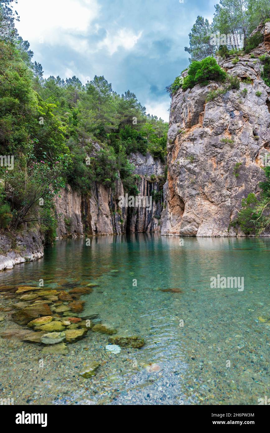 Fuente de los Baños, fountain of thermal waters in Mijares river in Montanejos, Castellon, Land of Valencia, Spain Stock Photo
