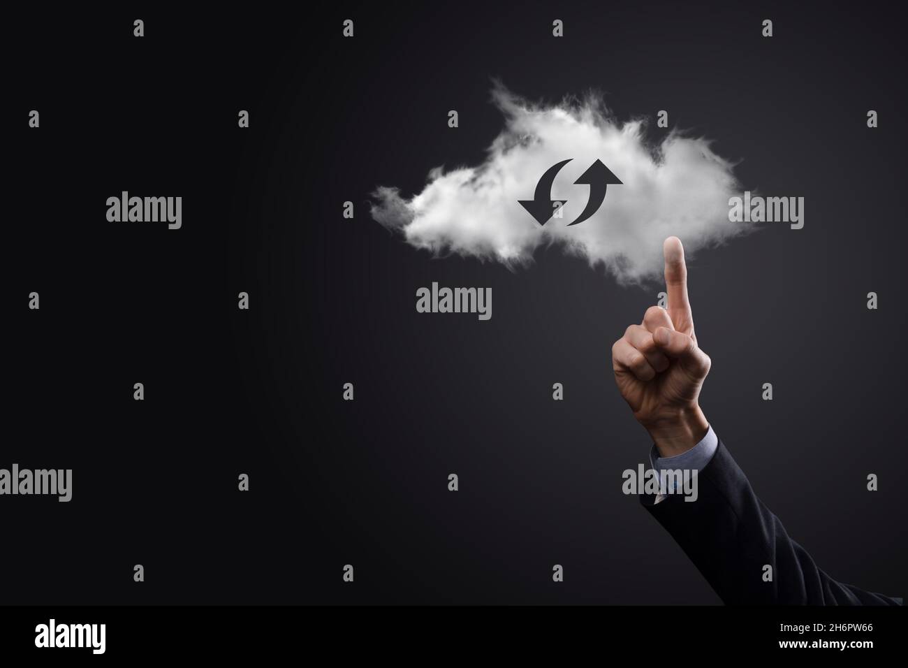 Cloud technology. Polygonal wireframe cloud storage sign with two arrows up and down on dark . Cloud computing, big data center, future infrastructure Stock Photo