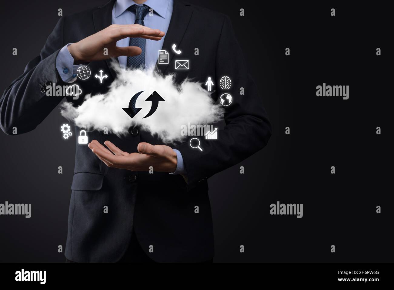 Cloud technology. cloud storage sign with two arrows up and down on dark . Cloud computing, big data center, future infrastructure, digital ai concept Stock Photo