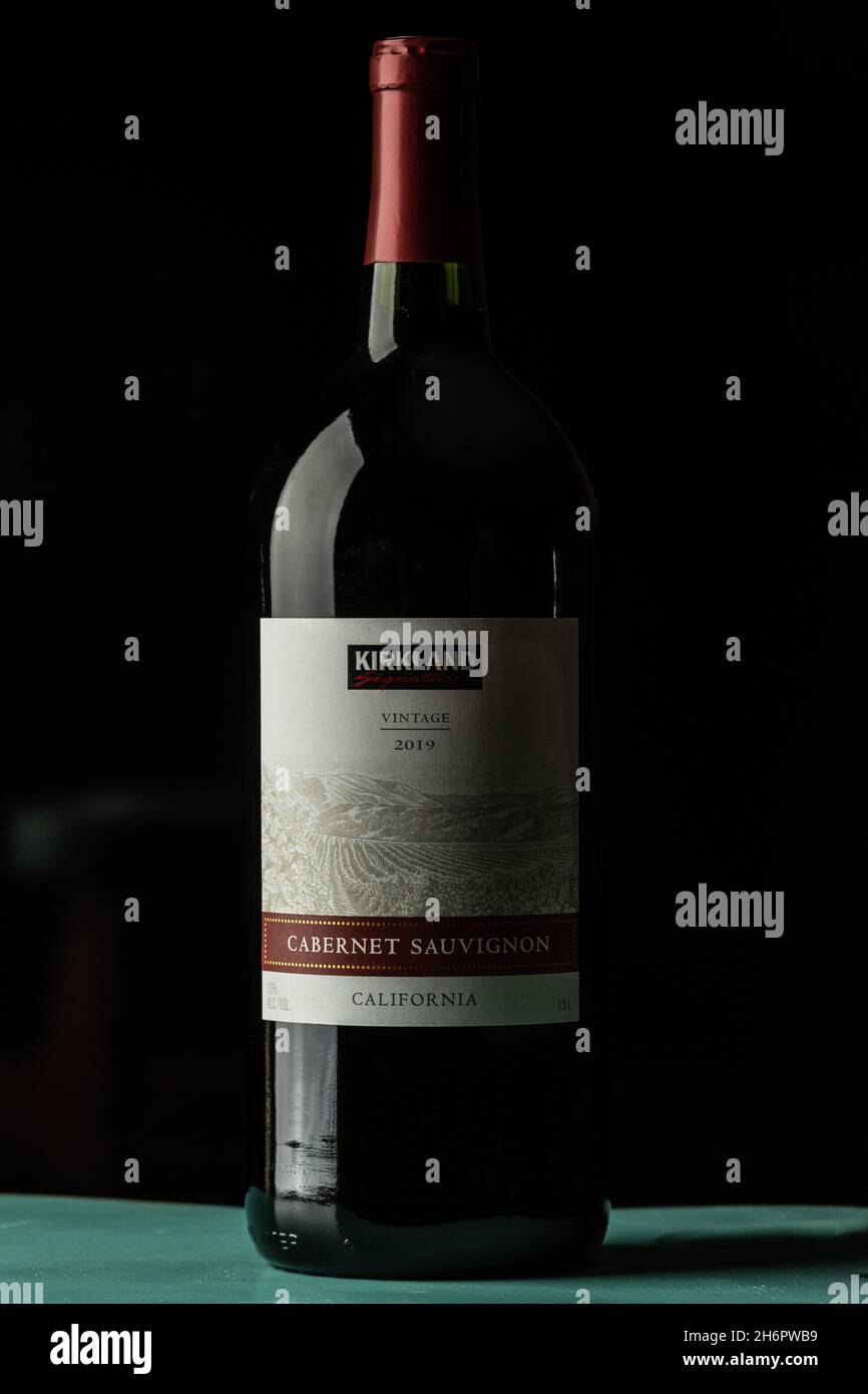 A 1.5 liter bottle of Costco's Kirkland brand Cabernet Sauvignon wine Stock Photo