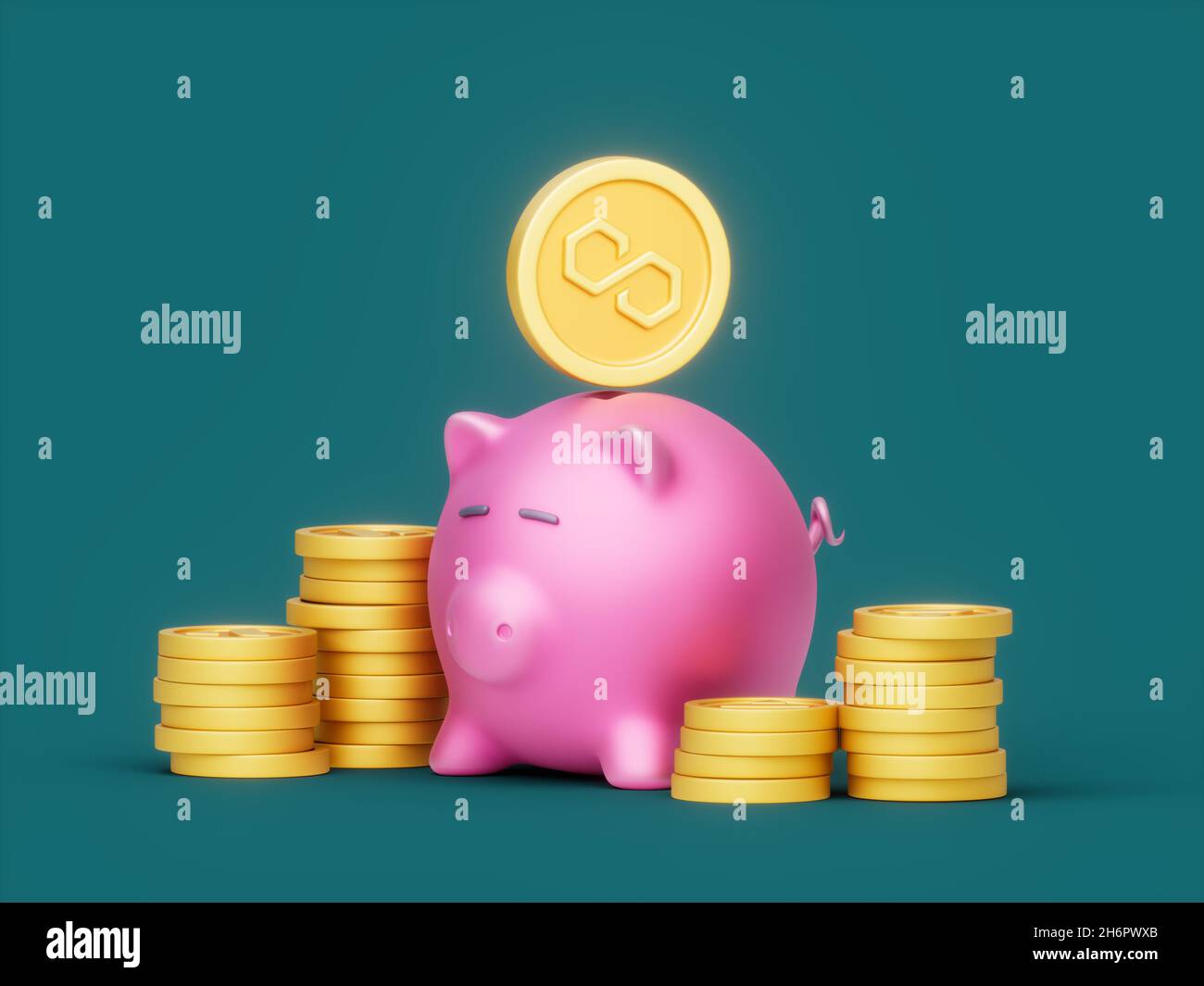 3D illustration of a pink piggy bank with piled stack coins ...