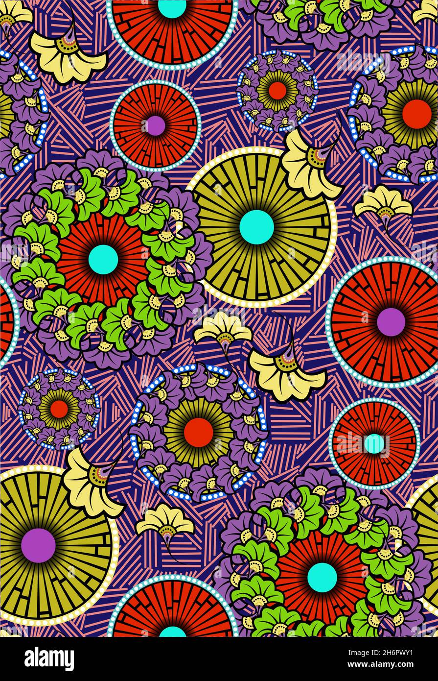 Seamless African Wax Print fabric, Ethnic handmade ornament fashion design, Afro Ethnic flowers and tribal motifs geometric elements. Vector colorful Stock Vector