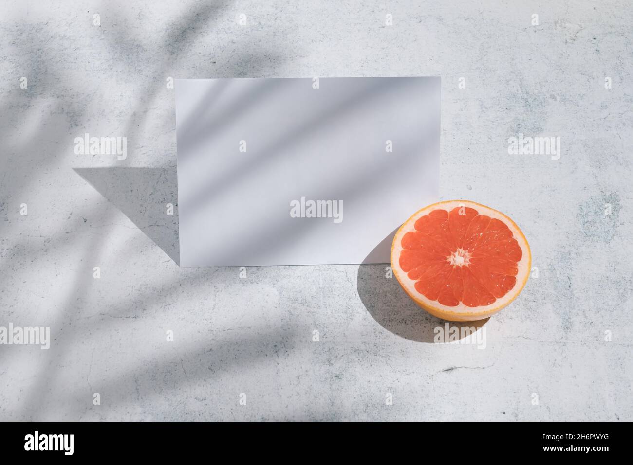 Summer fruit arrangement made of grapefruit and copy space paper in the ...