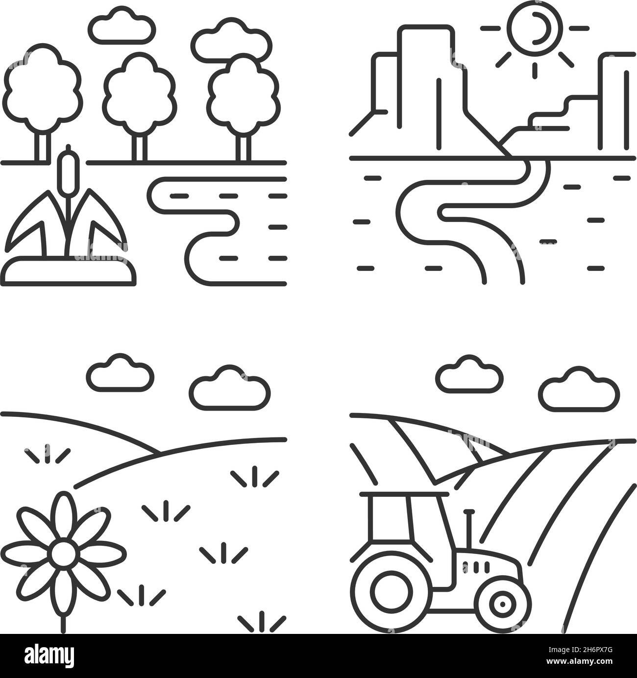 Diverse land types linear icons set Stock Vector