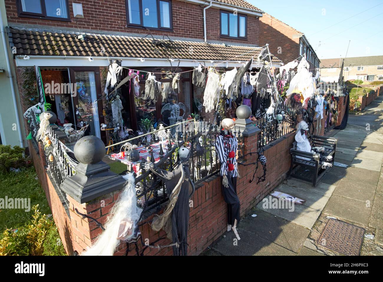 massive amount of halloween decorations outside a house in kirkby Liverpool merseyside uk Stock Photo
