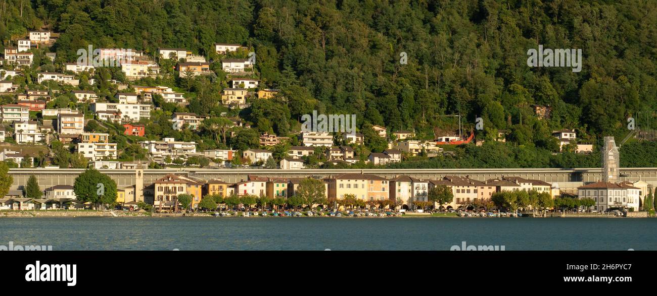 Bissone, Switzerland - October 6th 2021: The village centre divided by the autoroute Stock Photo