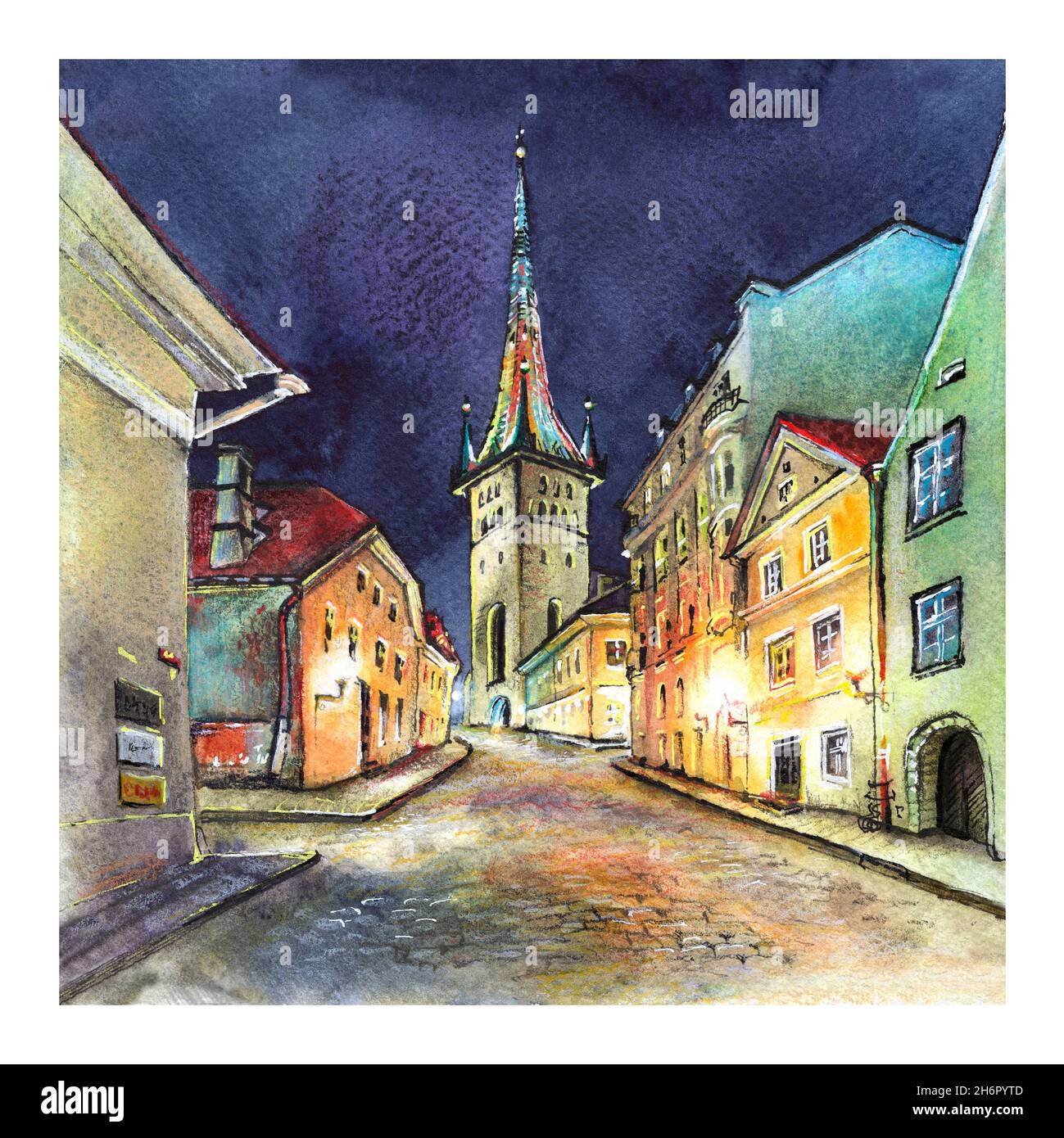 Watercolor sketch of night Old Town with St Olaf Baptist Church of Tallinn, Estonia Stock Photo