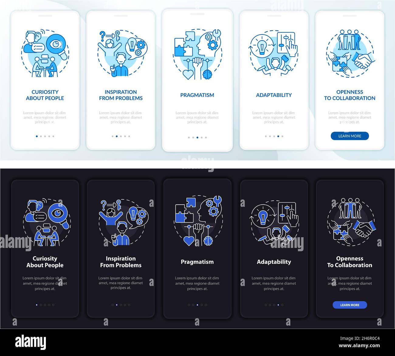 Social business features dark, light onboarding mobile app page screen ...